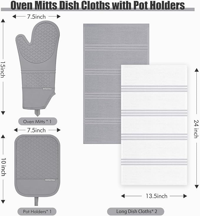 Oven Mitt and Pot Holders Sets, Quilted Cotton Terry Cloth,Non-Slip Pot Holder, Silicone Oven Mitt Heat Resistant, Oven Mittens 7.3"x14.2", Hot Pad 7"x10" & Dish Cloths 13"x25"