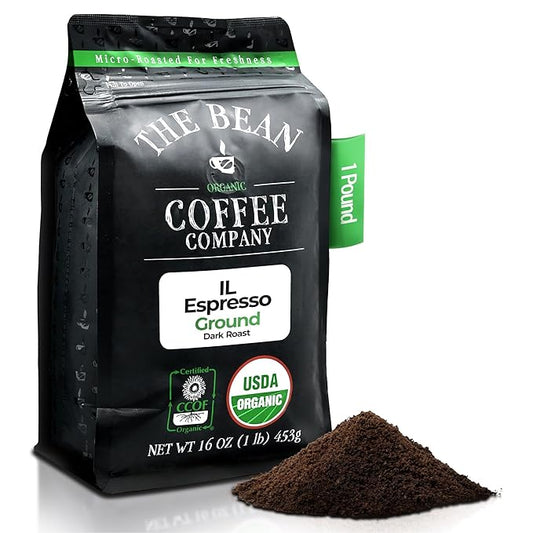 The Bean Organic Coffee Company Il Espresso, Classic Dark Roast, Ground Coffee, 16-Ounce Bag, Café molido tostado orgánico