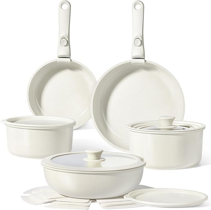 GiPP Ceramic Pots and Pans Set Non Stick, Nonstick Detachable Handle Cookware Sets, Healthy Non Toxic PFAS PFOA & PTFE Free, Dishwasher ＆Oven Safe, Induction Kitchen Pot and Pan, 15 Piece Cream