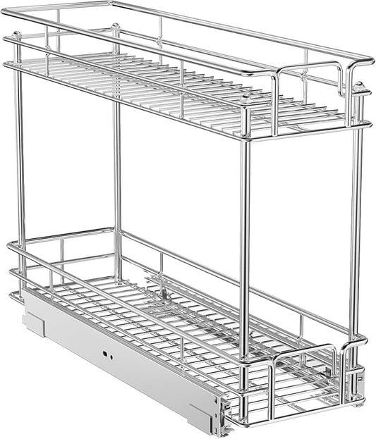 ROOMTEC Pull Out Spice Rack for Narrow Cabinet (8½" W X 21" D),2 Tier Slide Out Cabinet Organizer and Pull Out Shelves Under Cabinet Storage for Kitchen, Chrome