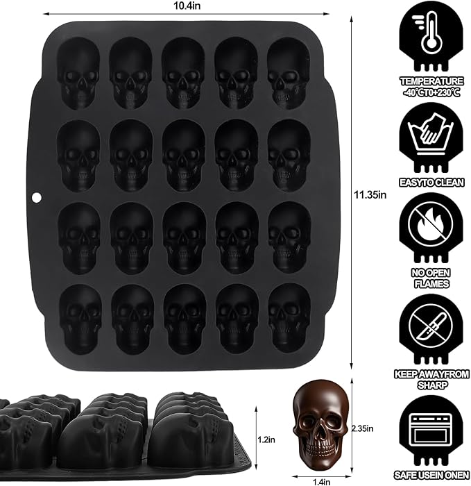 Skull Mold for Food with 20 Cavity, 3D Skull Baking Pan, Non-Stick Halloween Silicone Mold for Chocolate Cake Ice Cubes Halloween Decoration