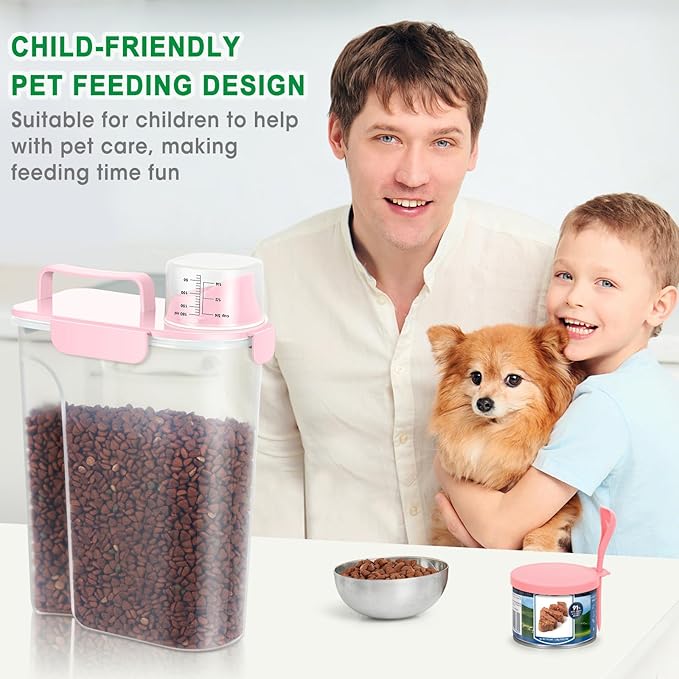 Pet Dog Cat Food Storage Container 5 to 7 lbs with Can Cover and Mixing Spoon, Airtight Pet Food Storage Dispenser with Large Spout & Measuring Cup for Kibble Dog Treat Bird Seed Container -Pink