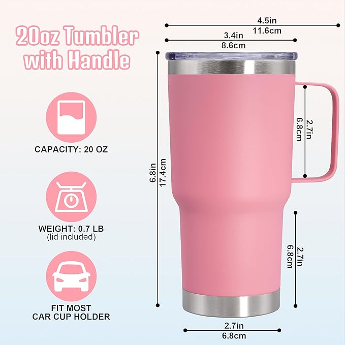 20 oz Tumbler with Handle and Lid, Stainless Steel Tumbler Insulated Travel Coffee Mug, Spill Proof Double Wall Vacuum Tumbler Cup Keep Drink Hot & Cold, Pink, 6 Pack