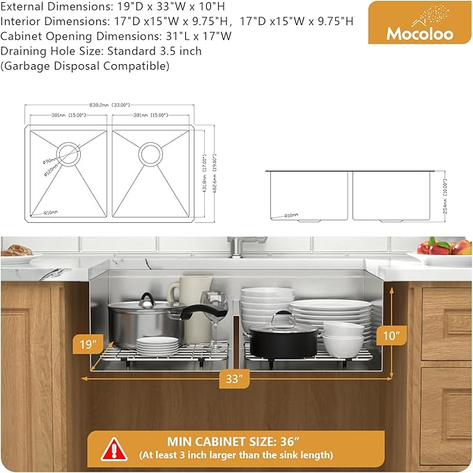 Mocoloo 33 Inch Kitchen Sink Double Bowl 16 Gauge 33 x 19 Stainless Steel Undermount Double Sink 50/50 Two Equal Compartment Under Counter Handmade, 10'' Deep Basin
