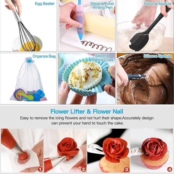 Aluminum Alloy Revolving Cake Stand & Carrier - 268PCS Kit with 54 Piping Tips, Acrylic Cake Discs, Various Spatulas