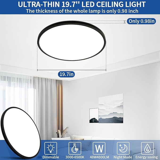 20 Inch Black Led Ceiling Light, Dimmable with Remote Control, Modern, Ultra Thin Flush Mount, Round Light Fixtures, 48W, 4800 Lumen, for Bedroom, Living Room, Kitchen, Dining Room