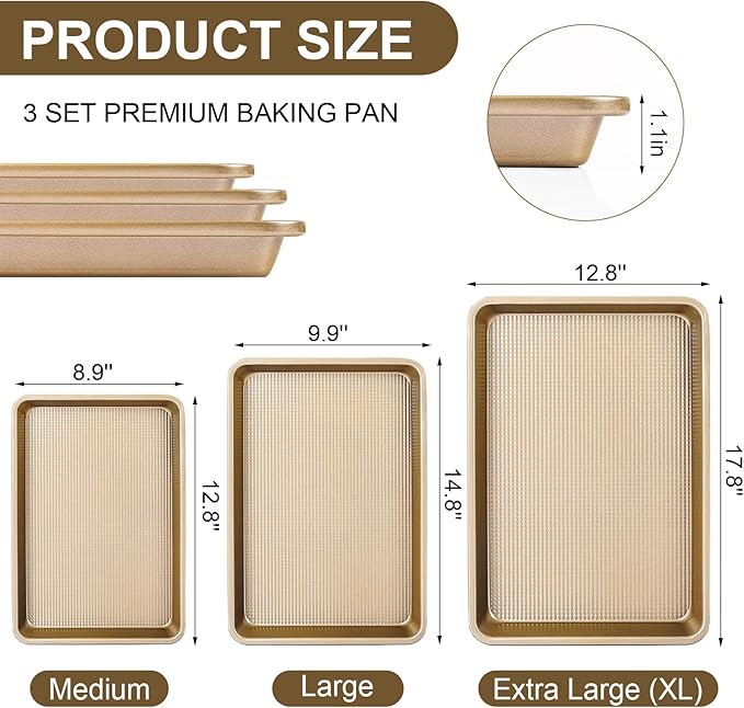 Baking Sheet Baking Pan Set of 3, Nonstick Cookie Sheets for Baking Supply, 17.8''/14.8''/12.8'' Carbon Steel Half/Jelly Roll/Quarter Baking Tray with Diamond Texture, Heavy Duty Cookie Tray