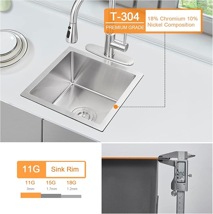 ROVATE 18 inch Kitchen Sink Undermount, Small Bar or Prep Sink, Handmade Single Bowl T-304 Stainless Steel Small Wet Bar Sinks with Strainer
