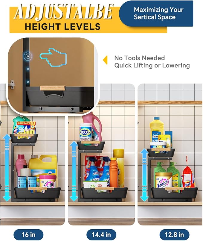 Under Sink Organizer, 2 Tier Adjustable Height Under Sink Organizers and Storage, L-Shaped Slide Out Pull Out Cabinet Organizers for Bathroom Kitchen Pantry (2 Pack, Black)