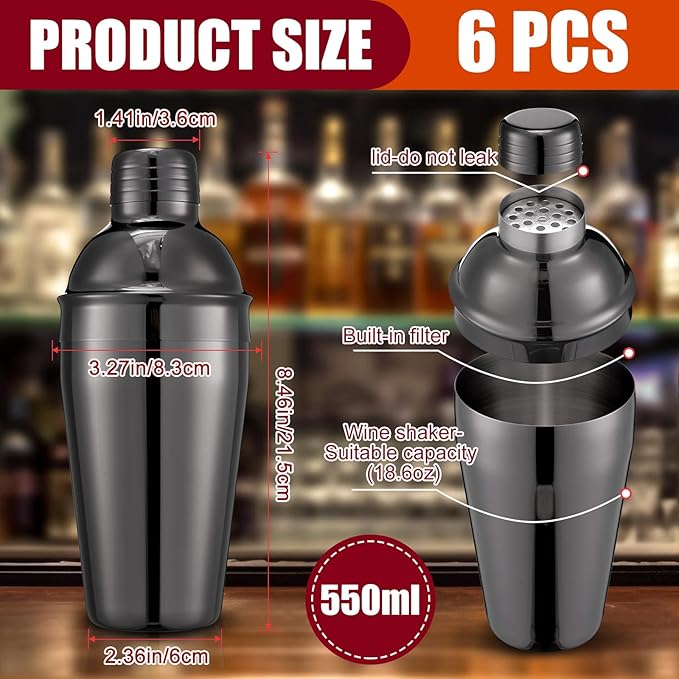 Nitial 6 Pcs Bar Cocktail Shaker Professional Stainless Steel Martini Drink Mixer with Built-in Strainer for Bartending No Leaks Boston Shaker for Bar Party Drink Mixing Tool(18.6 oz,Black)