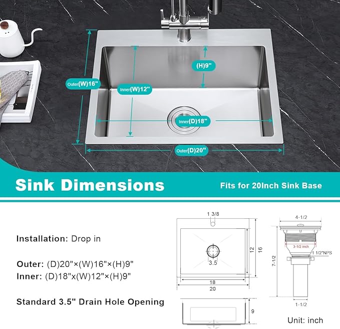 20-Inch Drop In Kitchen Sink Brushed Nickel- TSIBOMU 16 Gauge Stainless Steel Single Bowl Topmount Kitchen Sink with 1 Faucet Hole, D20"xW16"xH9"