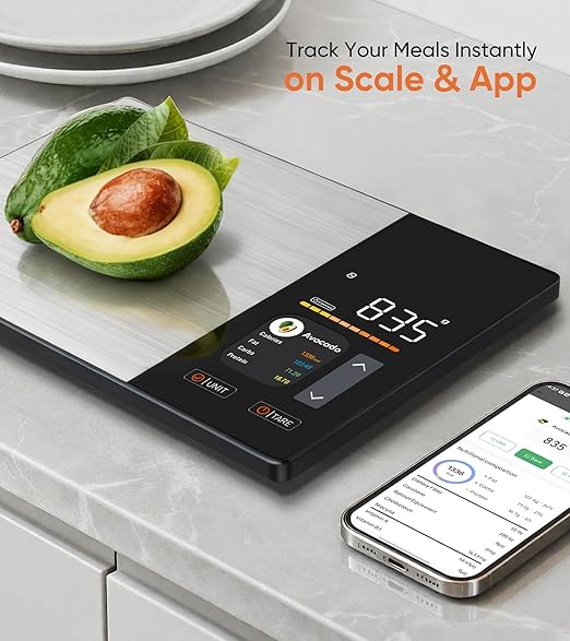 Smart Nutrition Food Scale with TFT Display, Tracks Calories, Fat, Carbs & Protein, Works with App for Daily Reports, 50 Built-in Foods, 23 Nutrients, Digital Kitchen Scale for Meal Prep