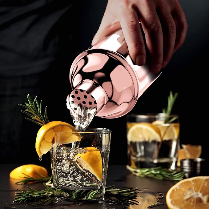 IOV Cocktail Shaker Bar Set, 24oz Martini Shaker with Built-In Strainer, Bar Tool Kit with Recipes Booklet, Professional Stainless Steel Large Bartender Drink Shaker Margarita alcohol Mixer- Rose Gold