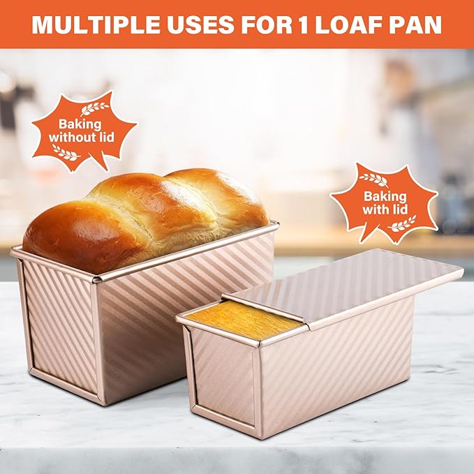 2 Pack Pullman Loaf Pan with Lid, 1 lb/0.5 lb Dough Capacity for Homemade Bread, Non-stick Corrugated Carbon Steel Bread Toast Box with Cover for Bakeware, Sandwich & Toast Oven Baking, Gold