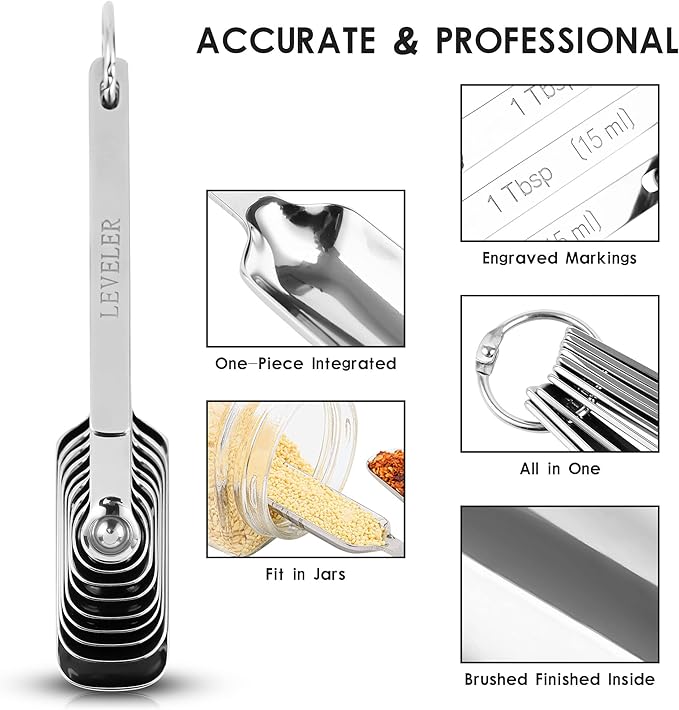 17-Piece Stainless Steel Measuring Cups and Spoons Set, Silver, 7 Cups & 9 Spoons + Leveler