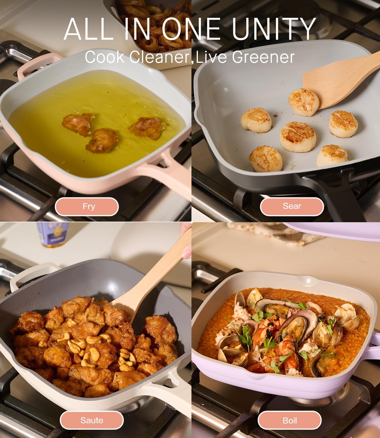 10.5 Inch(3.8QT) Ceramic Pan with Lid,Non Stick Frying Pans Cast Aluminum Deep Sauté Pans,Ti-Ceramic Non Toxic Pix Pan with Wooden Spatula and Scrubber-Morning Mist