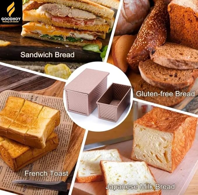 1lb+2lb set Nonstick Pullman Loaf Pan With Lid For Homemade Bread Carbon Steel Sandwich Bread Baking Mold With Sliding Lid Durable Toast Box For Square Loaf Shokupan Soft Milk Bread & Gift Box