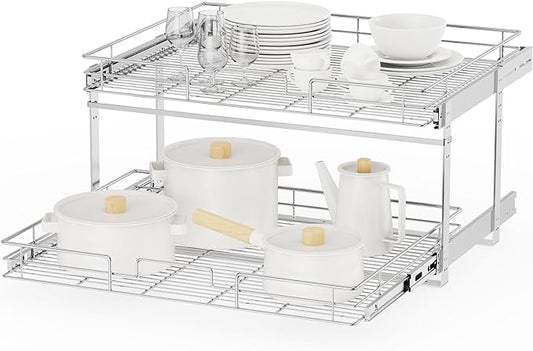 ROOMTEC Individual Pull Out Cabinet Organizer (31½" W x 21½" D), 2 Tier Spice Rack Organizer for Cabinet, Slide Out Drawer Pantry Shelf Organization and Storage for Kitchen Bathroom