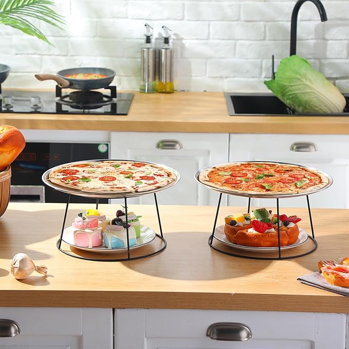 12 Pcs Pizza Stand Set: 4 Metal Stands, 4 Pizza Pans, 4 Spatulas for Weddings, Party(Silver,Round)