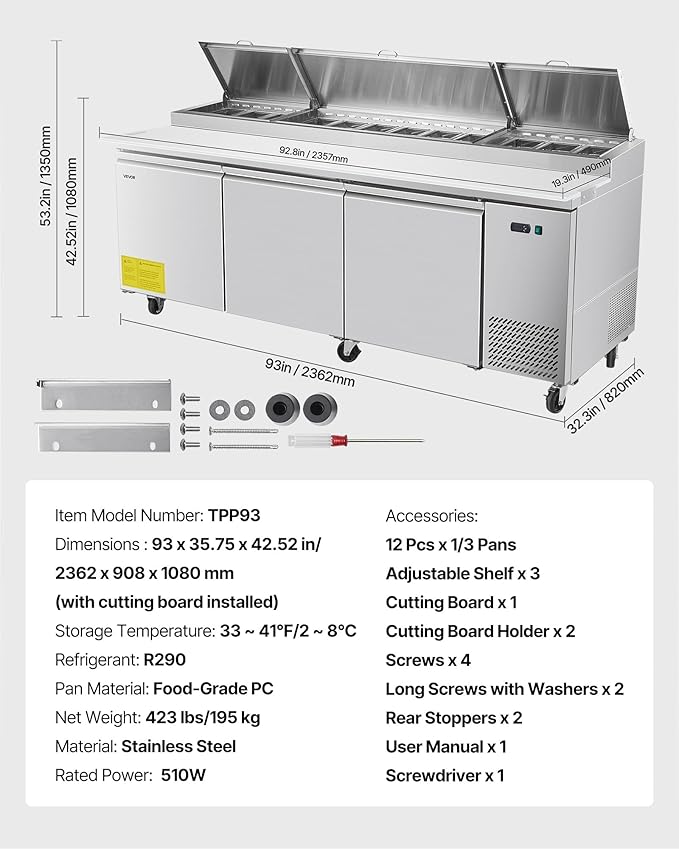 VEVOR 93"W Commercial Refrigerator, Pizza Prep Refrigerated Table, 19.3" Ultra Wide Countertop Food Prep Cooler, 30.8 Cu.Ft Single Door Salad Prep Fridge, 12 Pans Pizza Make Worktop with Cutting Board