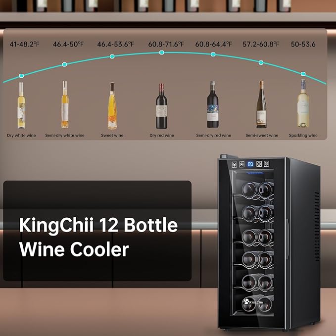 KingChii 12 Bottle Thermoelectric Wine Cooler Refrigerator Advanced Cooling Technology, Stainless Steel & Tempered Glass For Red Wine, Champagne for Home, Kitchen, or Office