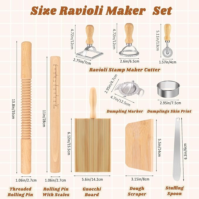 10 Pcs Pasta Making Tools Kit, Wooden Threaded Rolling Pin, Rolling Pin With Scales, Gnocchi Board, Dough Scraper, Dumpling Maker, 5 Ravioli Stamp Maker Cutter For Pasta Maker And Kitchen DIY Gift