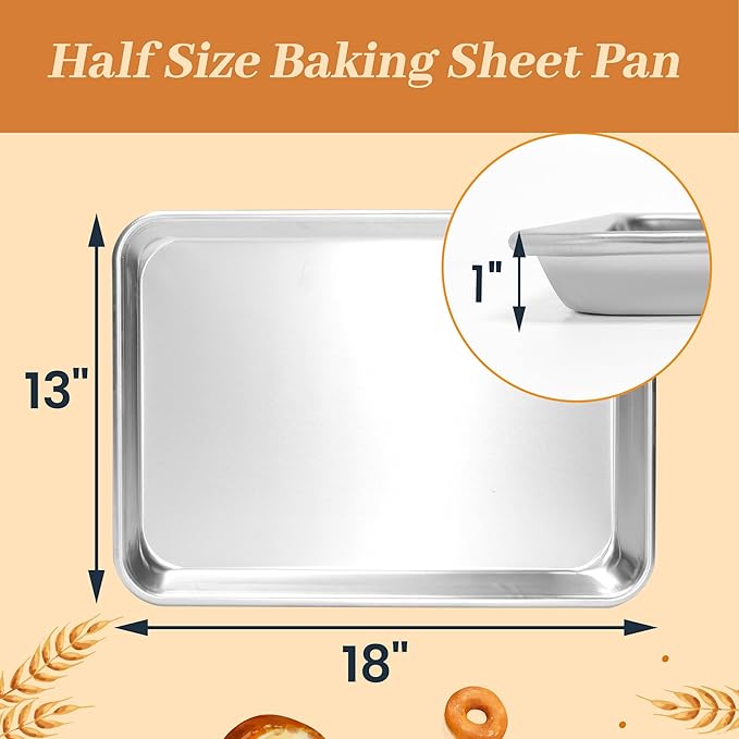 6 Pack Half Size Baking Sheet Pans, Aluminum Commercial Cookie Sheets Non-Stick, 18"x13"