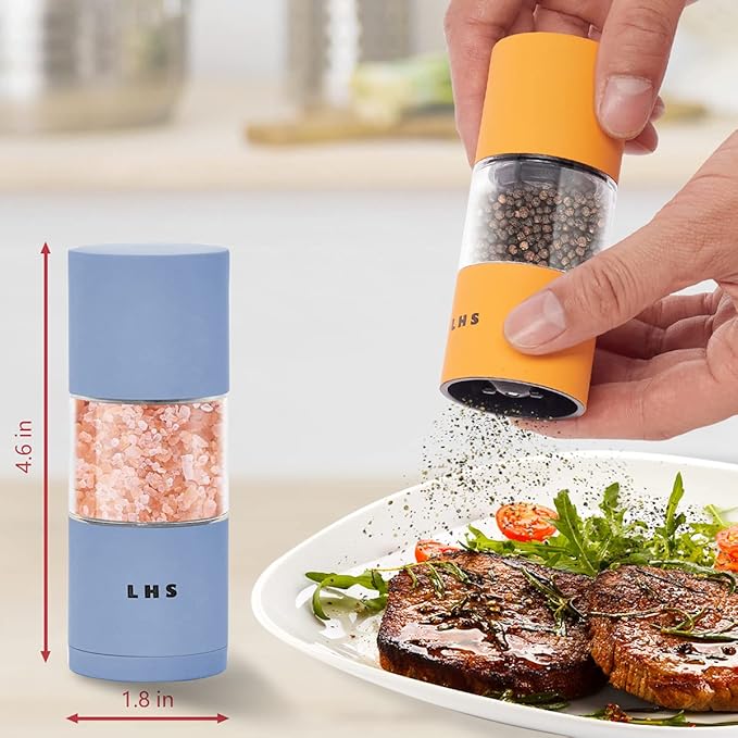 LHS Premium Salt and Pepper Grinder Set, Stainless Steel Salt Pepper Mill Set, Refillable Pepper Seasoning Mills with Adjustable Coarseness for Kitchen Use - 4.6 Inches(2-Pack, Orange & Blue)