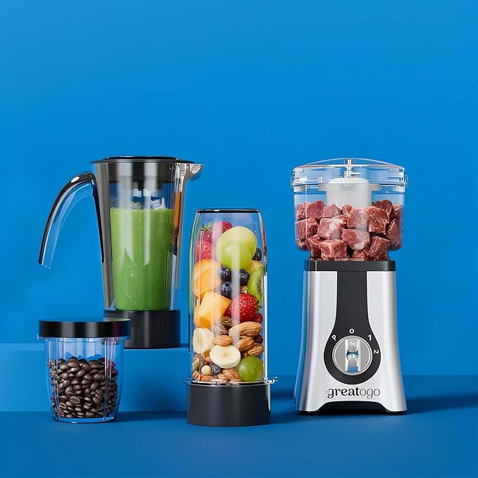 Blender with Meat Grinder & 3 Jars (40oz/24oz/10oz) - 2-Speed Pulse Control for Smoothies, Ice Crushing, Frozen Fruit, Grinding & Mixing - Includes 17oz Food Processor, To-Go Cups