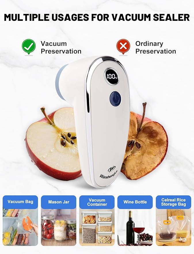 WanshengLe Vacuum Sealer for Food (Compact Vacuum Sealer Machine + Glass Vacuum Container + 5 Reusable Vacuum Bags) Powerful Handheld Vacuum Sealer Machine, Portable Food Sealer, Food Storage
