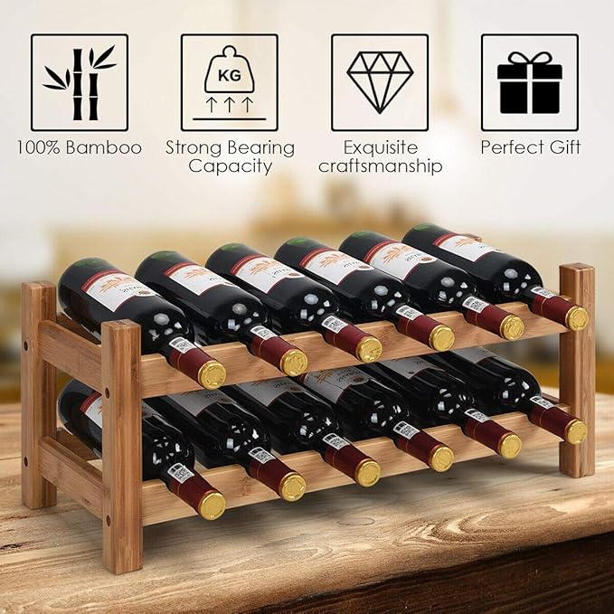 COSTWAY Wine Rack, Bamboo 12 Bottles 2-Tier Wine Display Rack for Countertop Home Kitchen Pantry, Free Standing Wine Storage, Rack Tabletop Wine Rack (Nature)