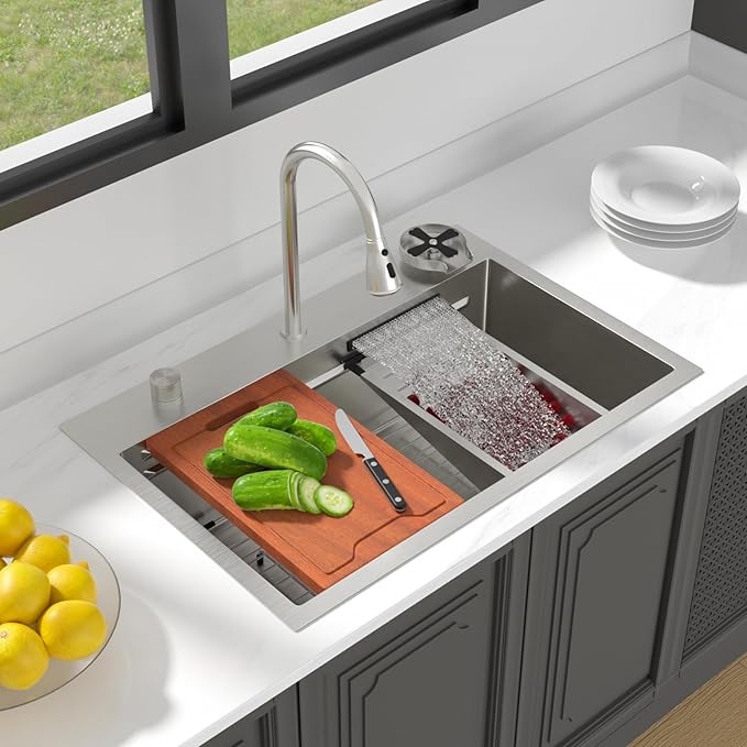 Lordear 33 Watefall Kitchen Sink 33x22 Drop In Kitchen Sink Stainless Steel 16 Gauge Single Bowl Multifunctional Workstation Sinks with Built-in Accessories,Split Faucet Style