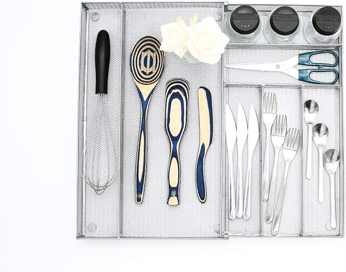 JANE EYRE Utensil Drawer Organizer - Expandable Cutlery Tray, Silverware/Flatware Storage Divider for Kitchen, Mesh Designing with Non-slip Rubber Feet (Silver)