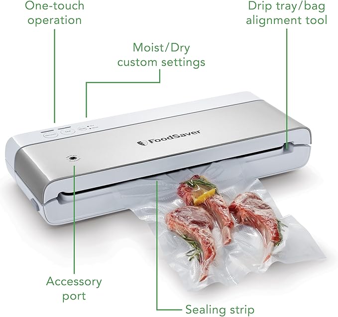 FoodSaver Compact Vacuum Sealer Machine with Airtight Bags and Roll - Ideal for Sous Vide and Airtight Food Storage, White