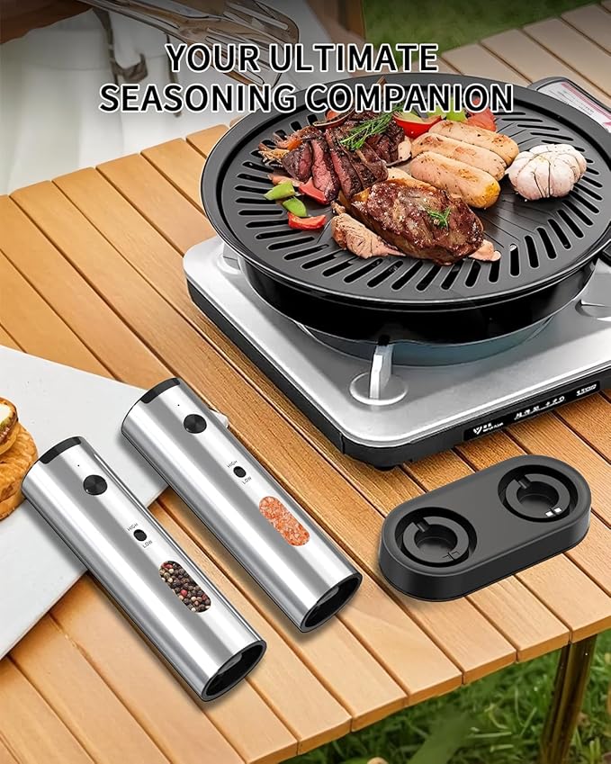 CIRCLE JOY Rechargeable Electric Salt and Pepper Grinder Set, 2-speed Stainless Steel Automatic Pepper Mill Grinder w/Charging Base, Adjustable Coarseness, LED Light, 110ml Large Capacity Top Fill