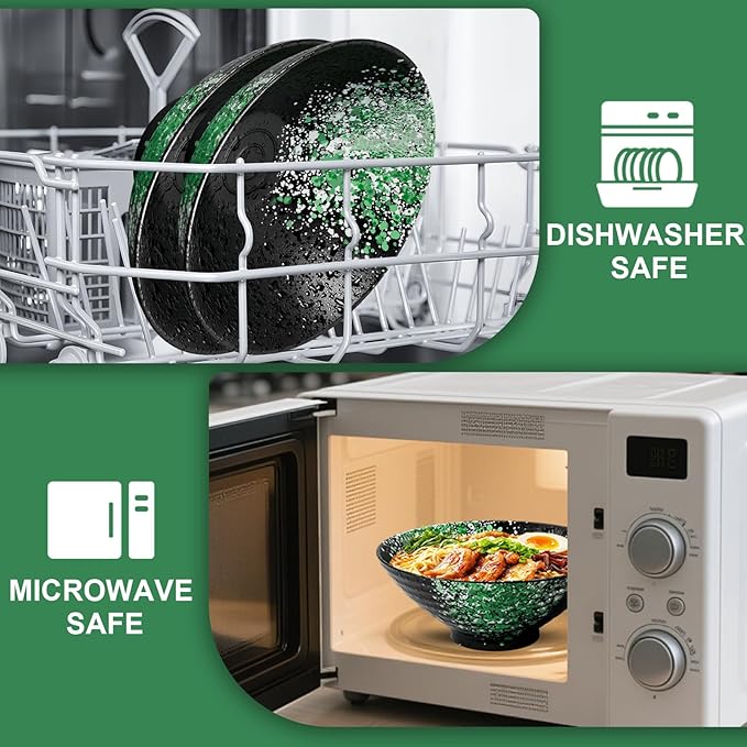 8-Inch Ceramic Ramen Bowl Set of 4 (17 Piece) - Porcelain Japanese Salad Noodles Cereal Fruit Pasta Soup Large Bowls with Recipes Chopsticks Forks Spoons for Men Women Gift Microwave Dishwasher Safe