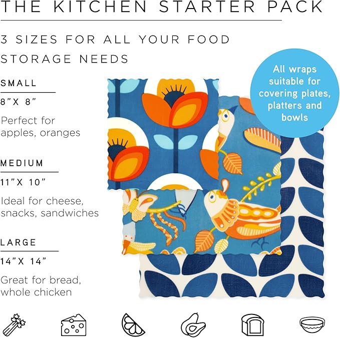 Honeybee Beeswax Wraps - Kitchen Starter Pack - Certified Organic Cotton Beeswax Wrap - Reusable Beeswax Wraps for Food - Plastic Wrap & Sandwich Bags Alternative - 3 Pack - Small, Medium & Large