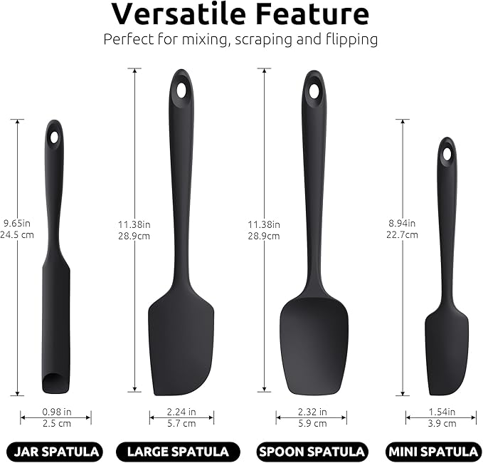 U-Taste 600ºF Heat Resistant Silicone Spatulas: Flexible Food-Grade Silicon Baking Scraper, Kitchen Cooking Mixing Utensils with Upgraded Sturdy Handle Tip for Nonstick Cookware (4-Pc., Black)