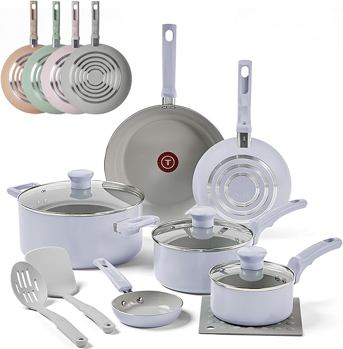 T-Fal Refresh Ceramic Nonstick Cookware Set, 12-Piece Nonstick Cookware, Oven Safe to 350°F, Stockpot, Griddle, Frying Pans, Utensils, Ceramic Pots and Pans Set, Blue