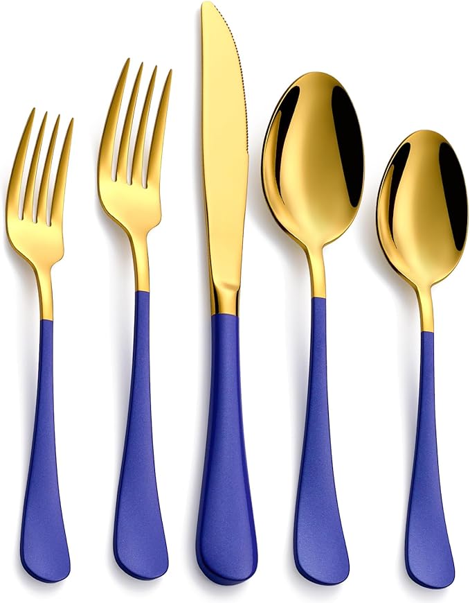 20-Piece Blue & Gold Silverware Set, 18/0 Stainless Steel Colorful Handle Flatware Set,Service for 4,Modern Cutlery Set Includes Dinner Knives Forks Spoons,Mirror Polished,Dishwasher Safe