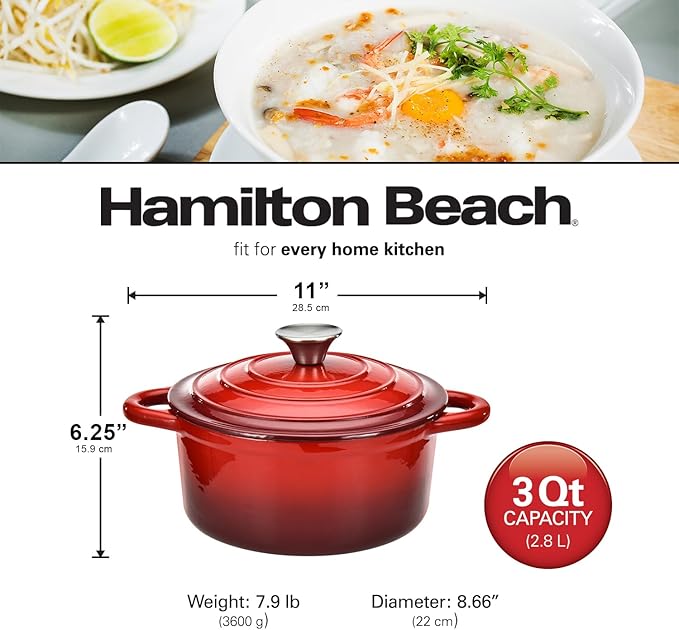 Hamilton Beach 3-Quart Enameled Cast Iron Dutch Oven with Lid | Heavy-Duty Pot for Braising, Roasting & Baking | Red