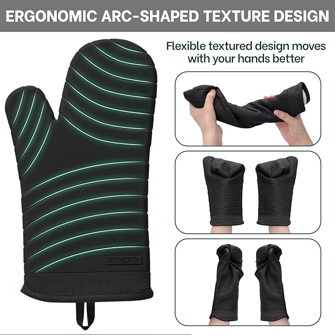 Beneno Premium Silicone Oven Mitts 2-Pack Heat Resistant 500°F, Soft Flexible Non-Slip Grips, BPA-Free & Waterproof Oven Mitts with Comfort Cotton Lining for Baking, Grilling, Cooking, 7"x13", Black