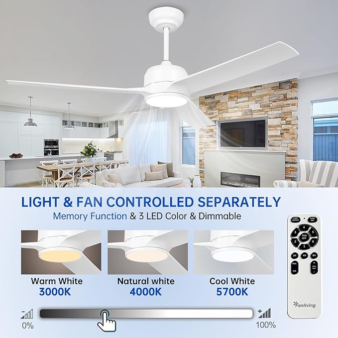 52 Inch White Ceiling Fan with Filters, Quiet DC Motor 3 Blade Ceiling Fan with Lights Remote Control, Dimmable 3 Colors LED/6 Speed High CFM for Home Kitchen/Living Room/Bedroom
