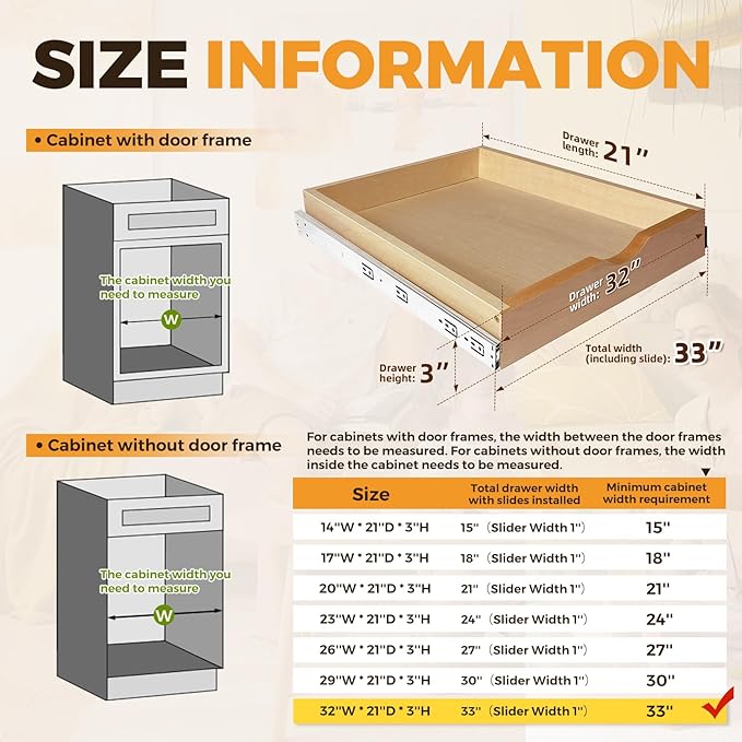 Pull Out Drawers for Cabinet Wood Slide Out Cabinet Organizer and Storage Cabinet Kitchen Drawers Slide Out Shelves Pull Out Shelves in Kitchen Pantry Bathroom with Soft Close 33"W x 22"D x 3"H