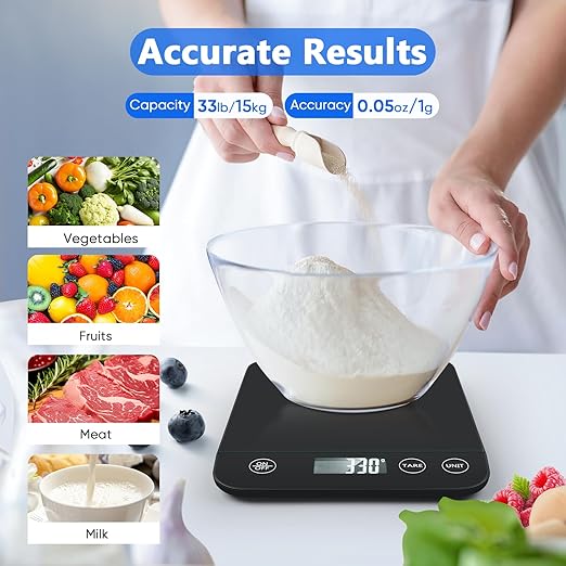 Digital Kitchen Scale, 22lb Capacity, Tempered Glass, Easy Tare Function, Large LCD Display, Perfect for Cooking, Baking, and Meal Prep