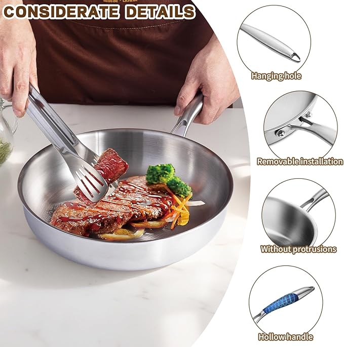 GOLDEN KEY 12 Inch Stainless Steel Frying Pan,Tri-Ply Stainless Steel Skillets with Lid,Stainless Steel Pans Oven Safe 600F, Fast & Even Heat,Compatible with All Cooktops,Dishwasher Safe