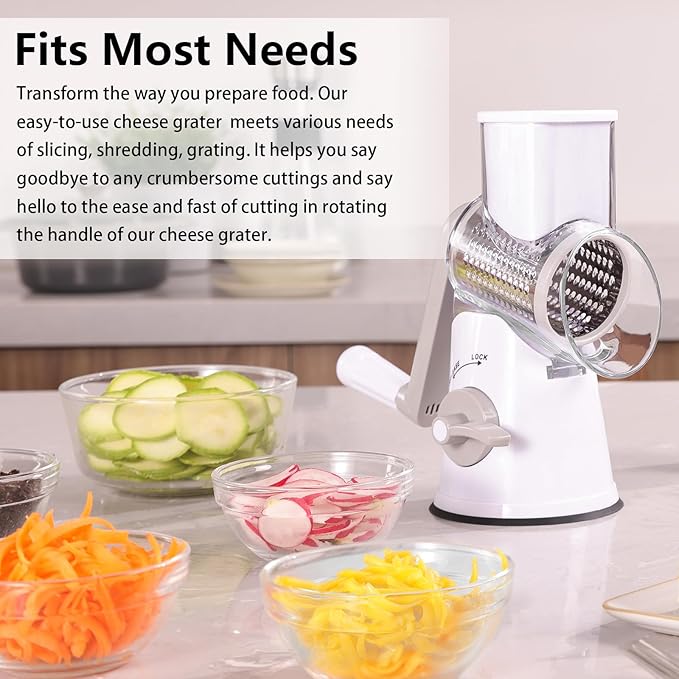 Rotary Cheese Grater, 3 in 1 Cheese Shredder Grater Rotary with Handle, Vegetable Mandoline Slicer Shredder for Vegetable, Cheese, Nut