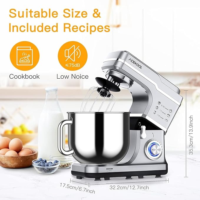 Garvee 7.5QT Stand Food Mixer, 10-Speed Tilt Head 3-IN-1 Kitchen Electric Mixer with Stainless Steel Bowl, Egg Whisk, Dough Hook, Beater, Splash Guard, Compact Dough Mixer for Home Cooks, Silver