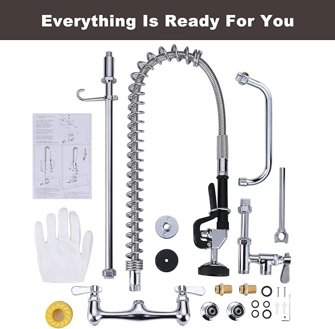 43" Height Commercial Kitchen Sink Faucet with Pre-Rinse Sprayer, 8 Inch Wall Mount Center Sink Faucet with Pull Down Spray Unit, Compartment Sink Faucet with 10" Swivel Spout for Restaurant