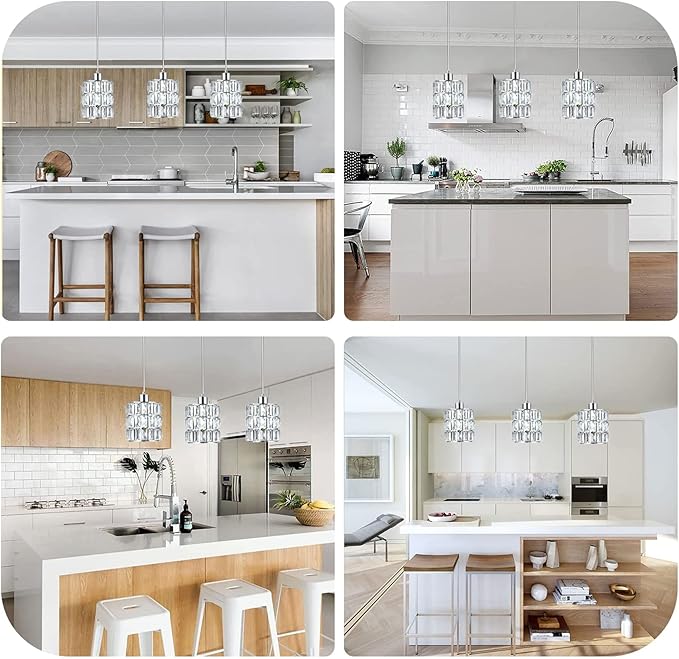 3 Pack Chrome Crystal Pendant Light, Mini Pendant Lights for Kitchen Island with Crystal Plate Metal Shade, Modern Concise Pendant Silver Fixture for Foyer Hallway, Dining Room
